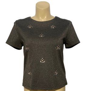 Liz Claiborne L Top Metallic Fleck Tweed Work Gray Black Tweed Silver Flakes